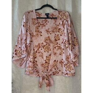 Daytrip Floral Tie Front Kimono Top Blouse‎ Bohemian Pink Brown Large